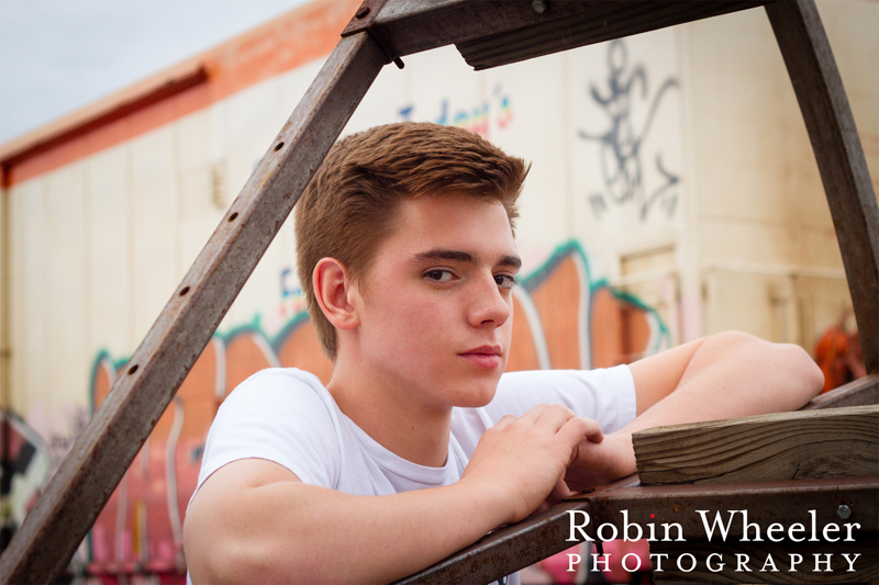 High school senior photo near the train depot in Ontario, Oregon