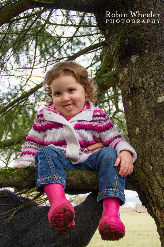 Toddler sitting in a tree and sticking her tongue out, Dallas, Oregon