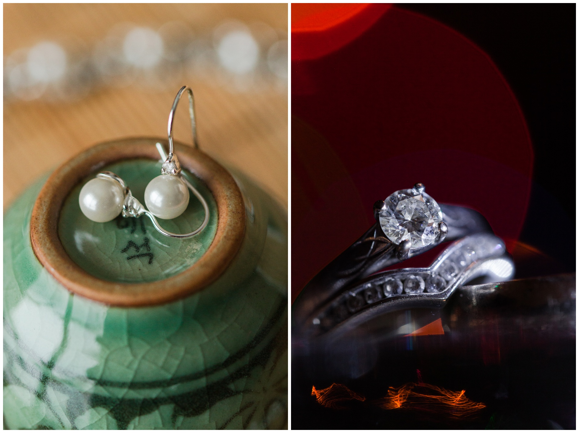 Earrings on a Korean celadon teacup; rings on dark background