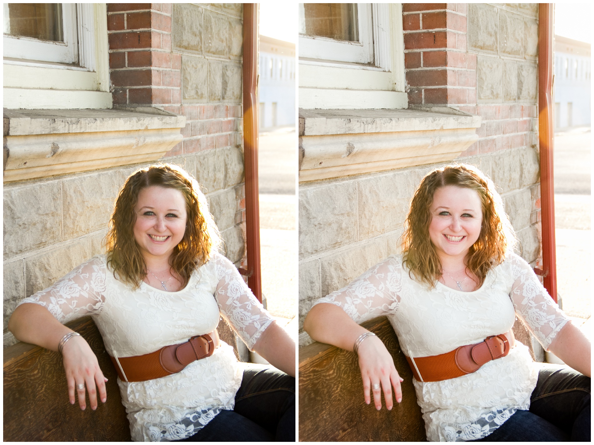 Girl sitting on a bench outside the Ontario Train Depot.