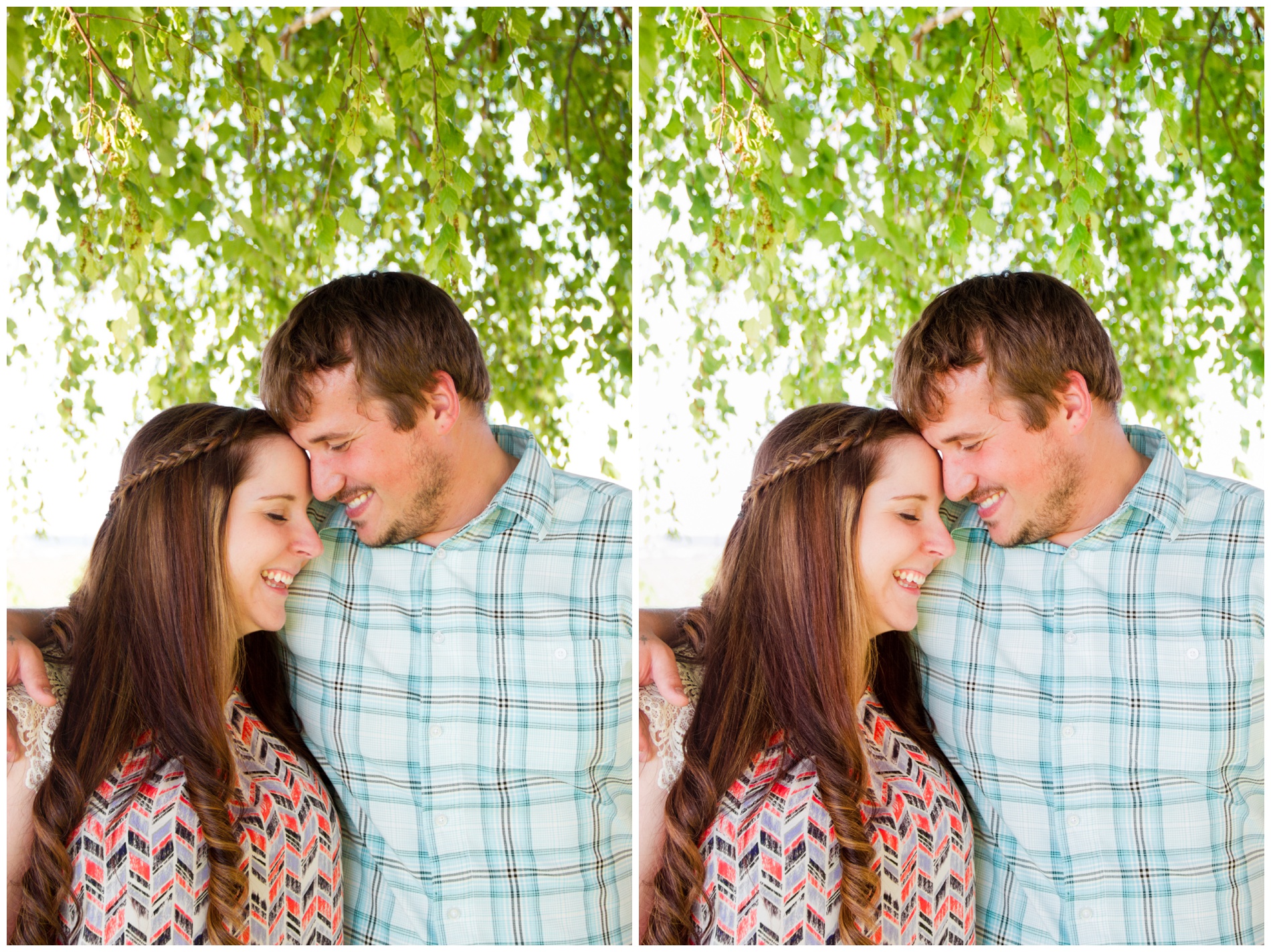 A couple standing together under a tree.