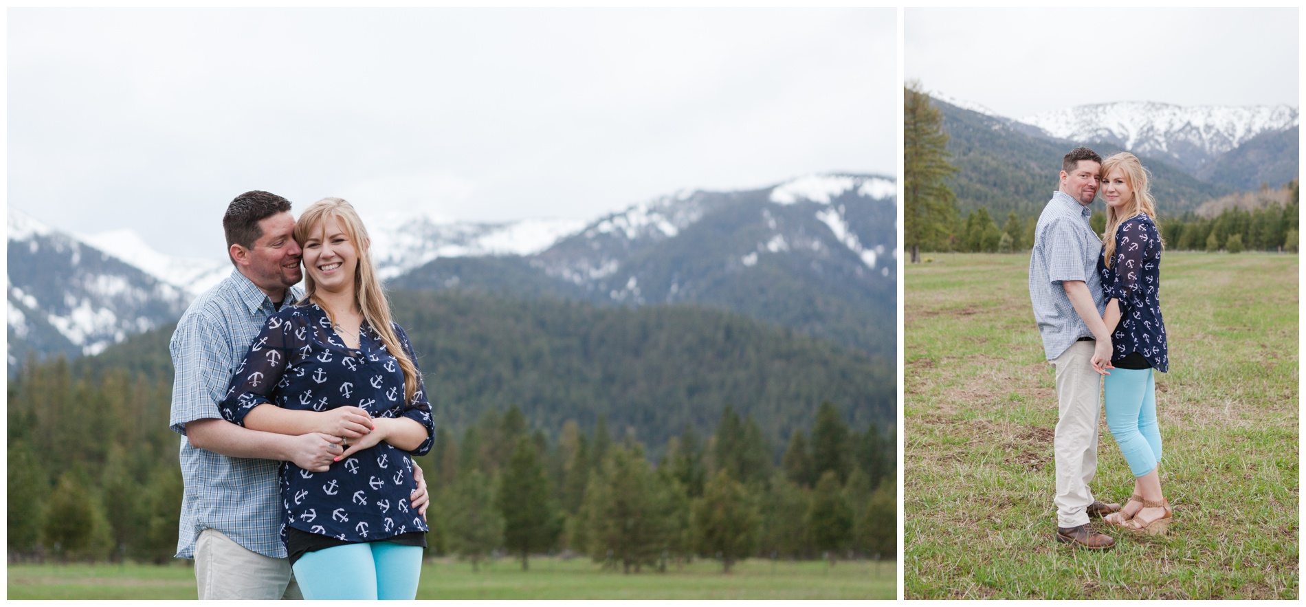 Engagement photos with Baker City, Oregon's snow-capped mountains in the background.