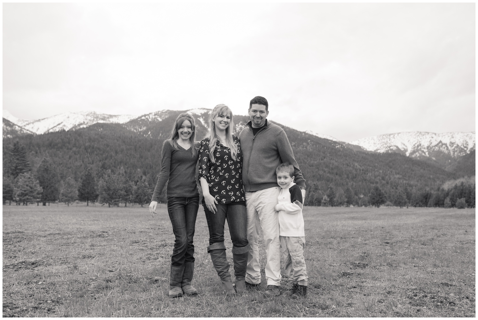 Family photos with Baker City, Oregon's snow-capped mountains in the background.