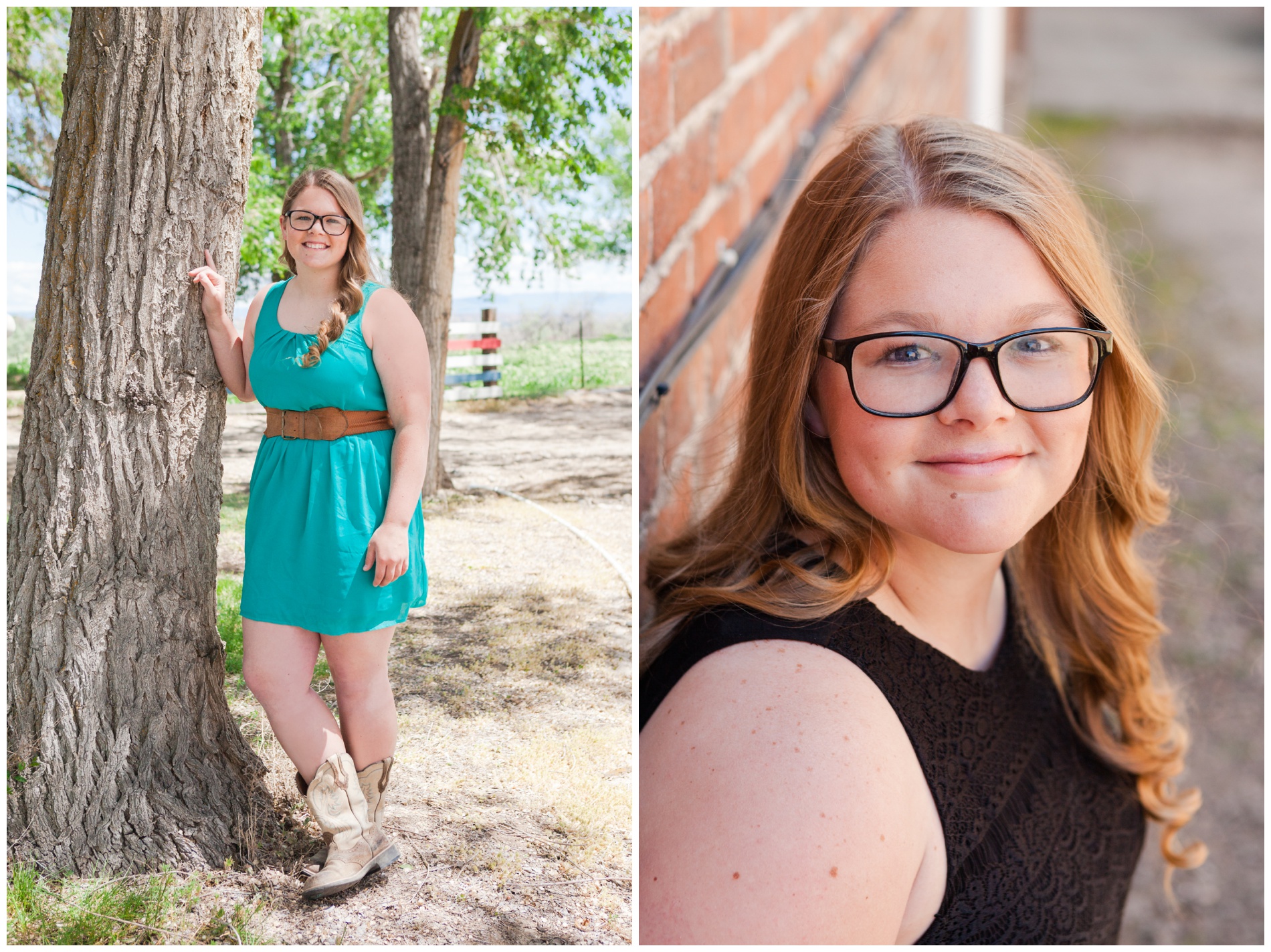 Two senior photos of a girl, one against a tree and one sitting against a brick wall.