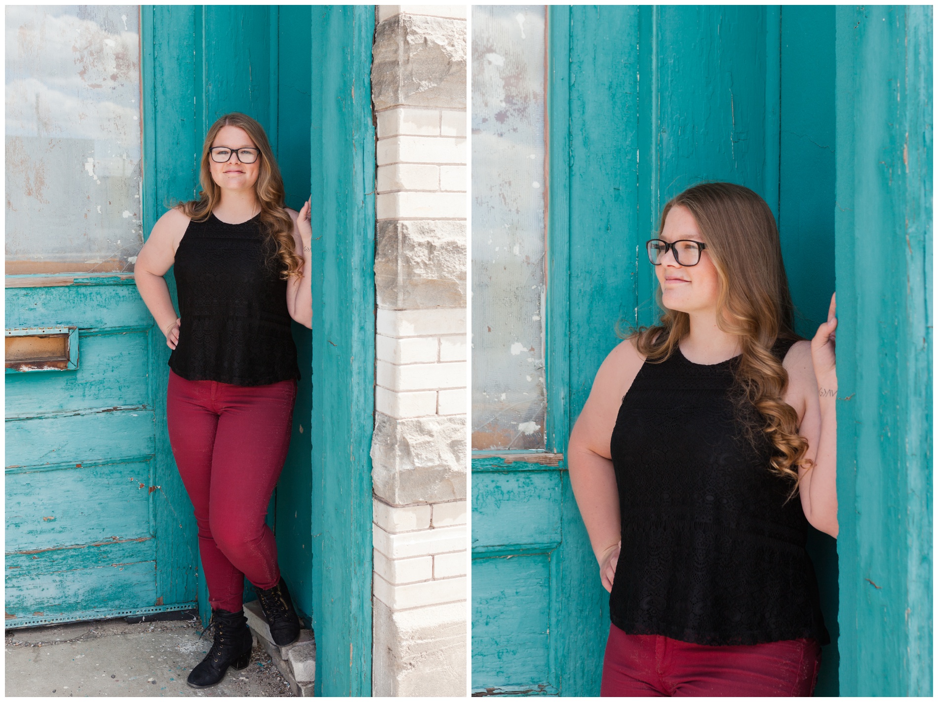 Senior pictures by the turquoise building in downtown Payette, Idaho.