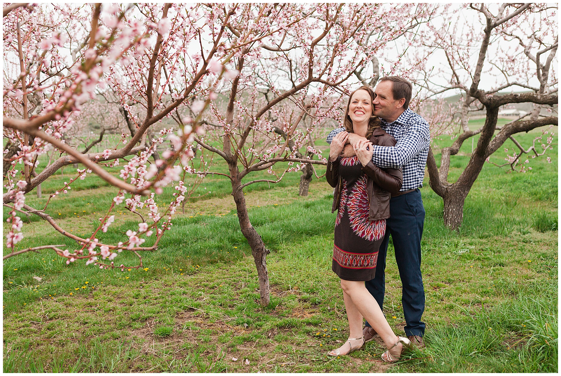 Fun and relaxed family portraits in a peach orchard with pink blossoms | Idaho family photographer | Robin Wheeler Photography