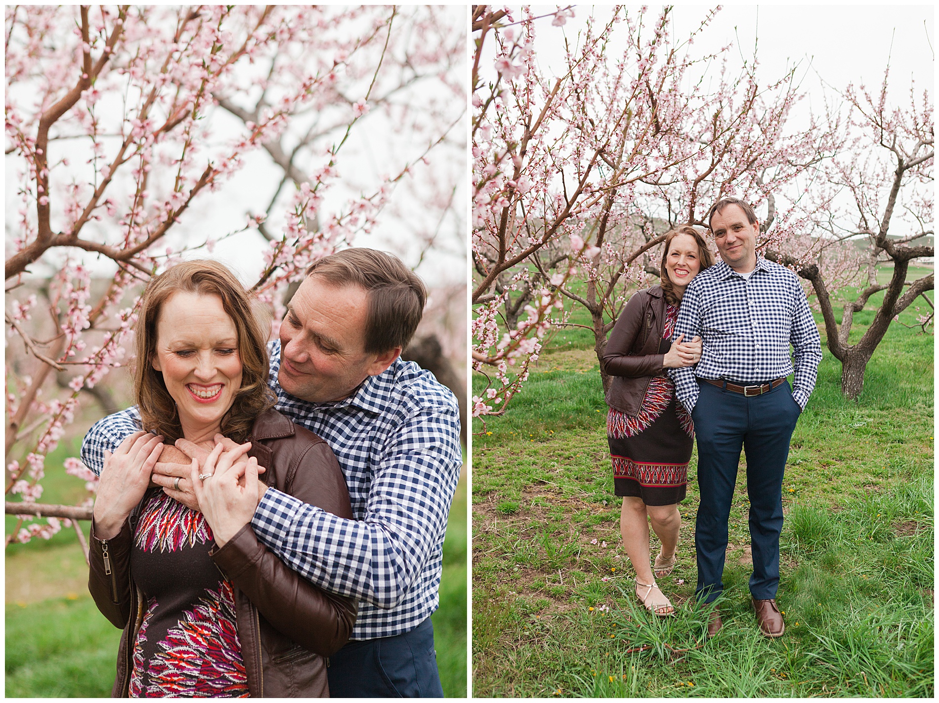 Fun and relaxed family portraits in a peach orchard with pink blossoms | Idaho family photographer | Robin Wheeler Photography