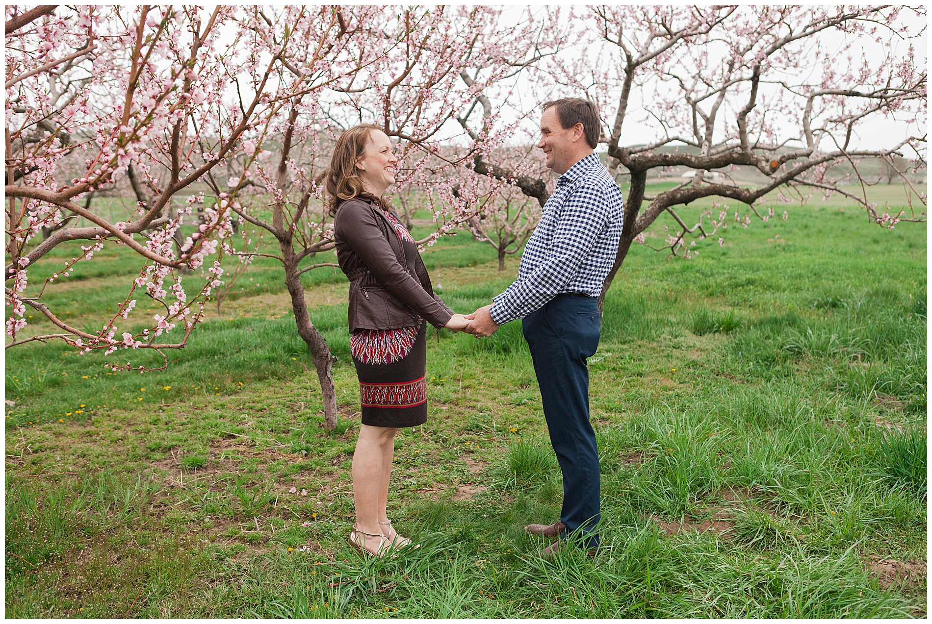 Fun and relaxed family portraits in a peach orchard with pink blossoms | Idaho family photographer | Robin Wheeler Photography