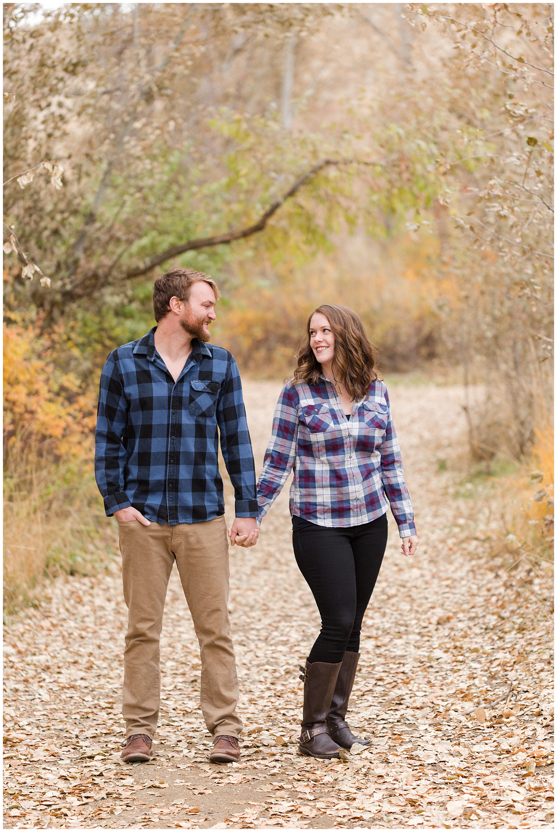 Engagement photos with autumn leaves in Boise's Military Reserve | Robin Wheeler Photography