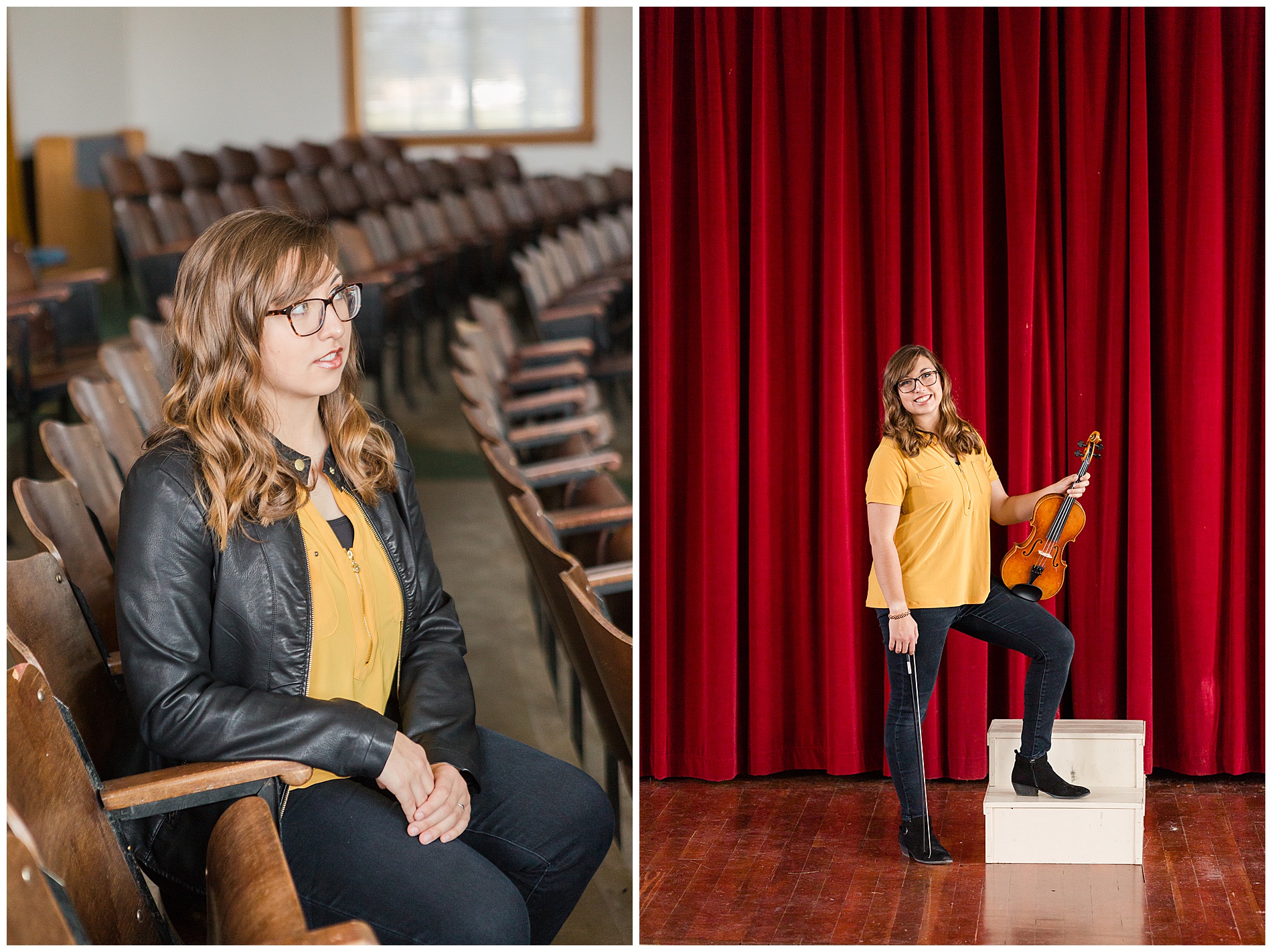 Senior photos with a violin in a theater in Weiser, Idaho | Robin Wheeler Photography