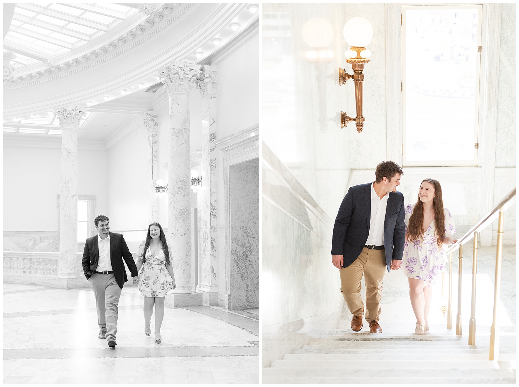 The couple walking on the top floor of the Capitol; holding hands and walking up a marble staircase