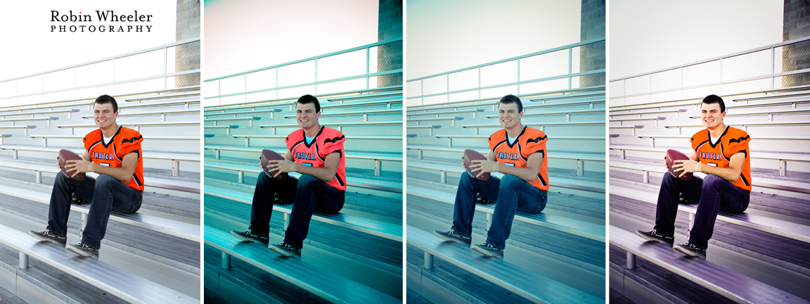 senior portrait in normal color and with three colorized variations