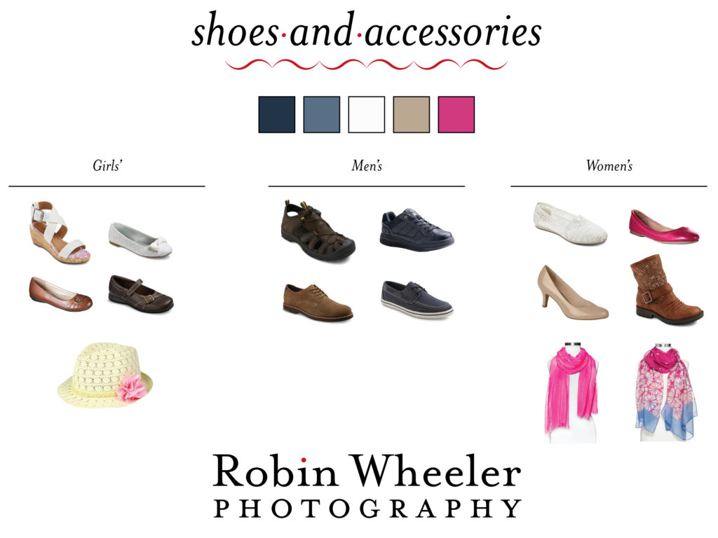 shoe and accessory ideas for family photos with navy, denim,white, khaki, and hot pink