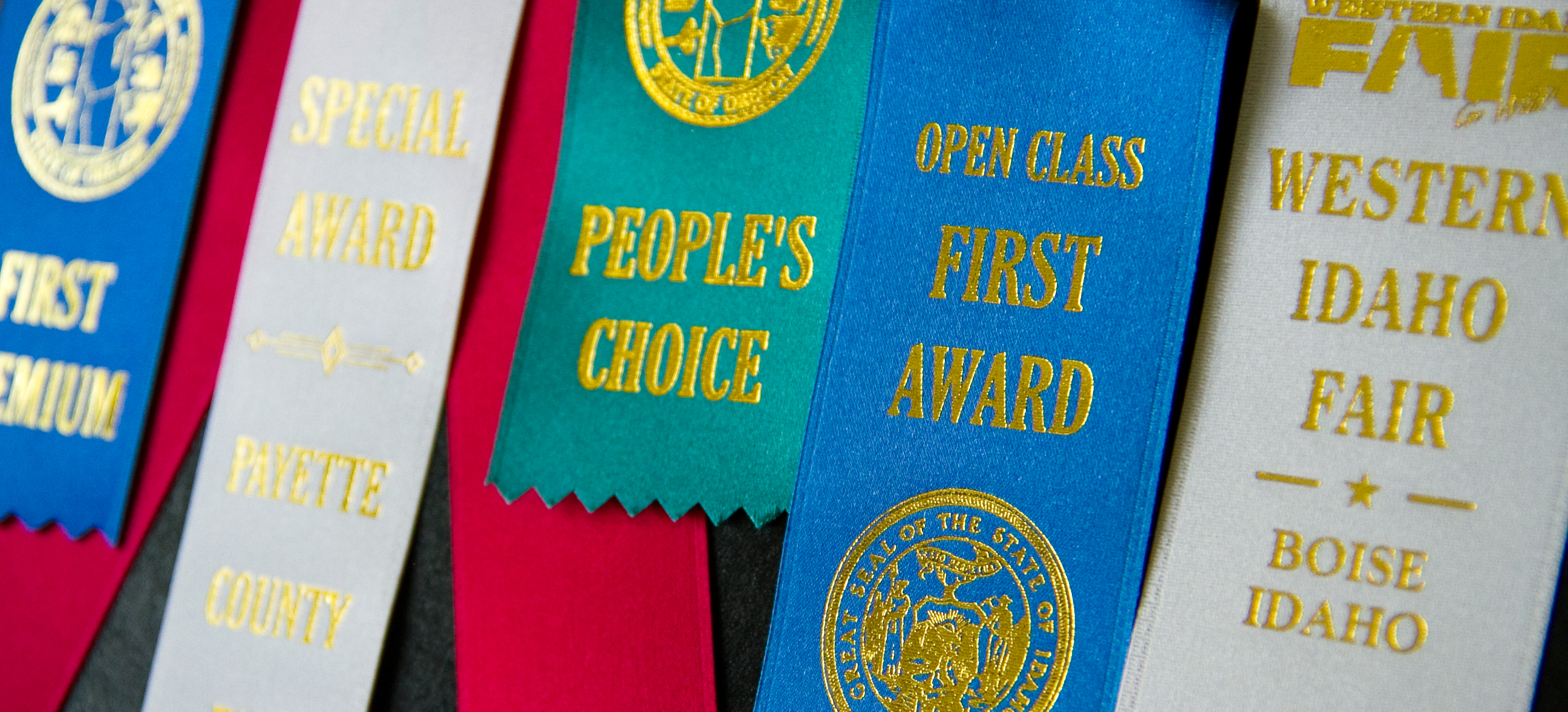 award ribbons from the malheur county fair, payette county fair, and western idaho fair