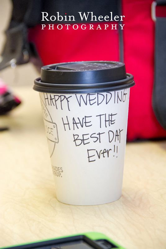 Bride's cup from Jolts and Juice Coffee that reads, "HAPPY WEDDING! HAVE THE BEST DAY EVER!!", Ontario, Oregon