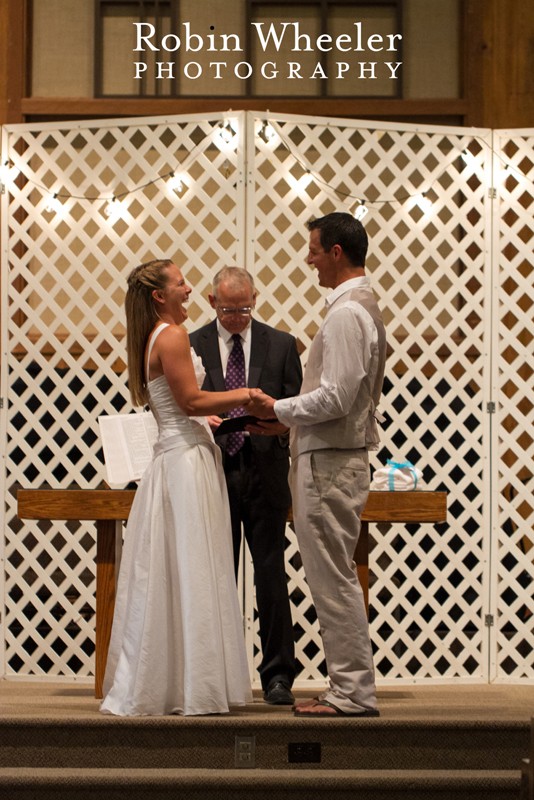 Bride and groom laughing during the wedding ceremony, Ontario, Oregon