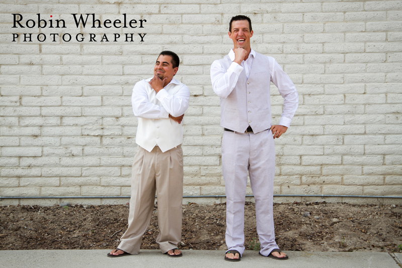 Groom and best man with hands under their chins, Ontario, Oregon