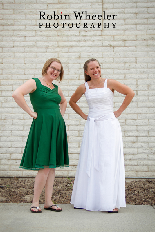 Bride and maid of honor posing and laughing, Ontario, Oregon