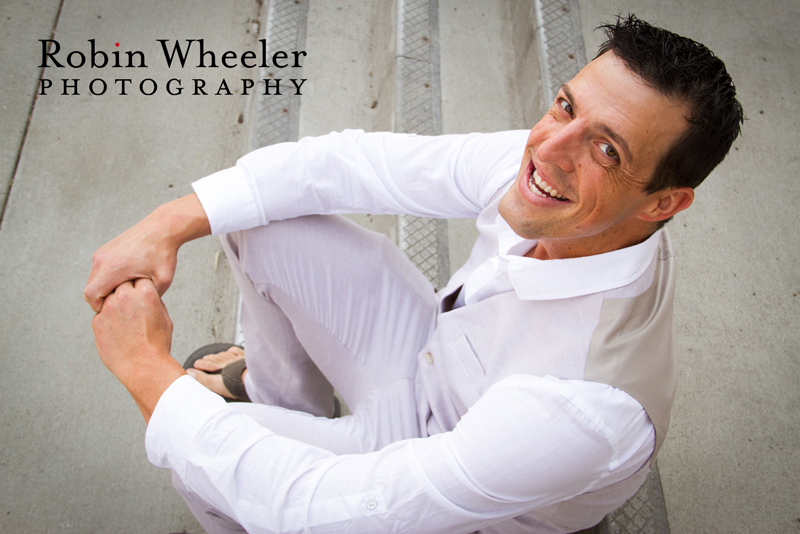 Portrait of groom sitting on steps, Ontario, Oregon