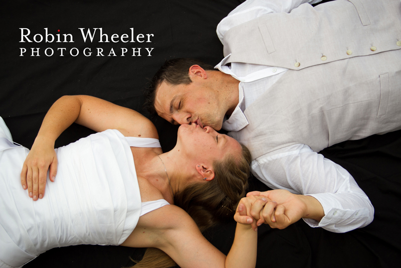 Photo from above of bride and groom kissing, Ontario, Oregon