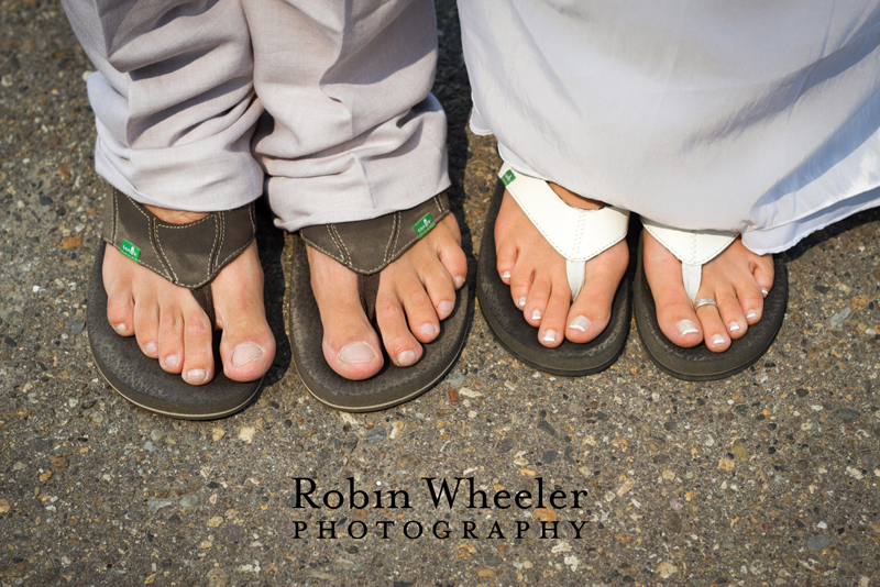 Shot of groom and bride's feet, wearing flip-flops, Ontario, Oregon