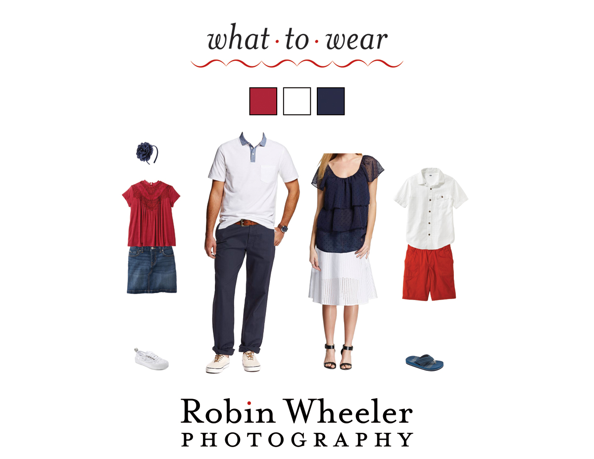 Coordinating red, white, and blue outfits to wear for family pictures in summer