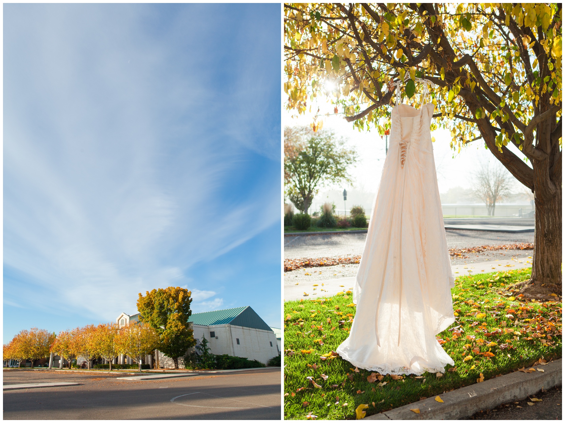The exterior of the Ontario Church of the Nazarene; the bride's dress