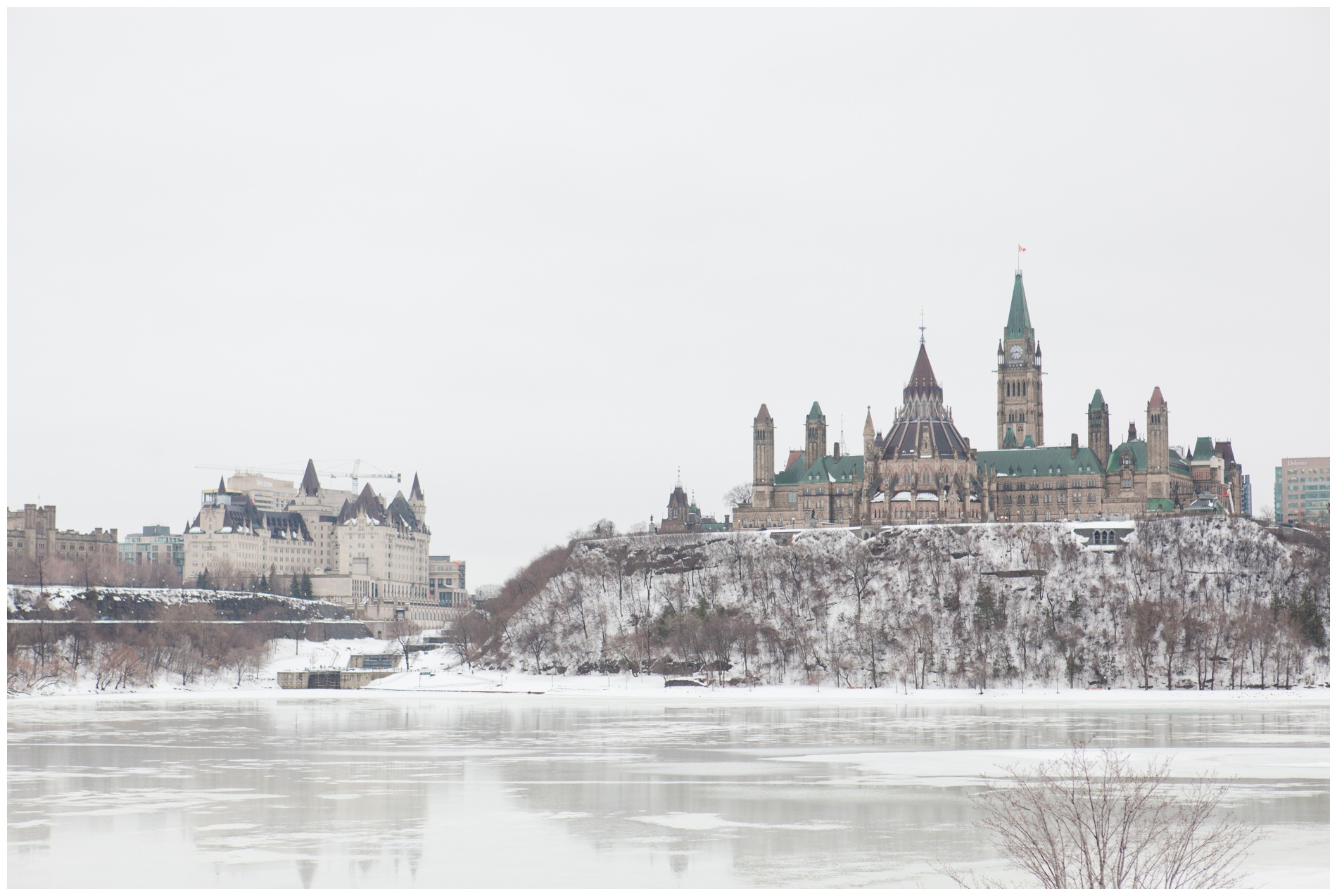 View of the Fairmont Chateau Laurier and Parliament from the Canadian Museum of History, Gatineau Quebec