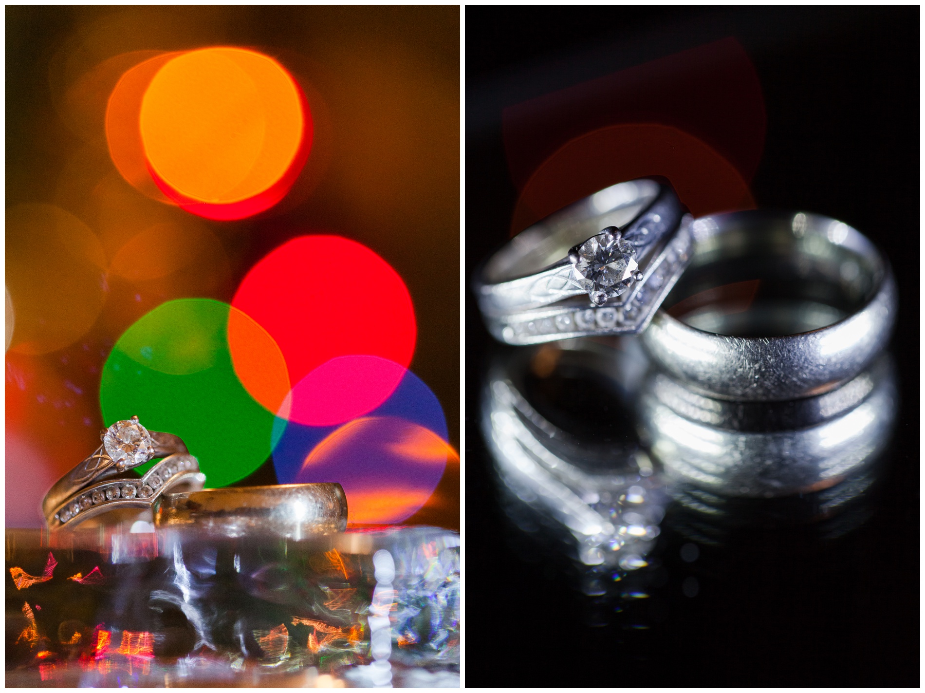 Two pictures side-by-side: one of colored lights behind wedding rings, the other of wedding rings on a mirror