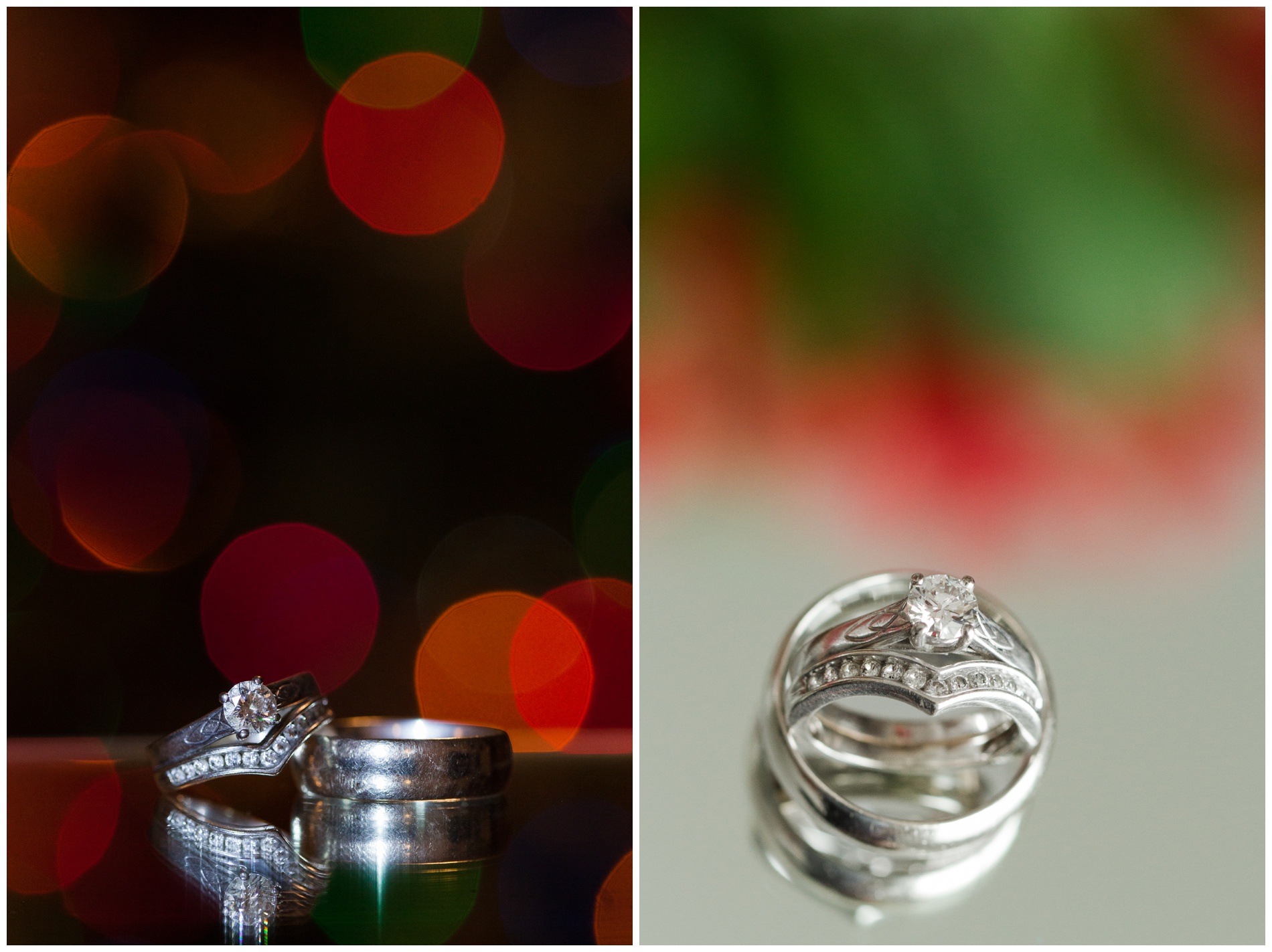 One shot of colored lights behind wedding rings, the other of a vase of flowers reflected in a mirror