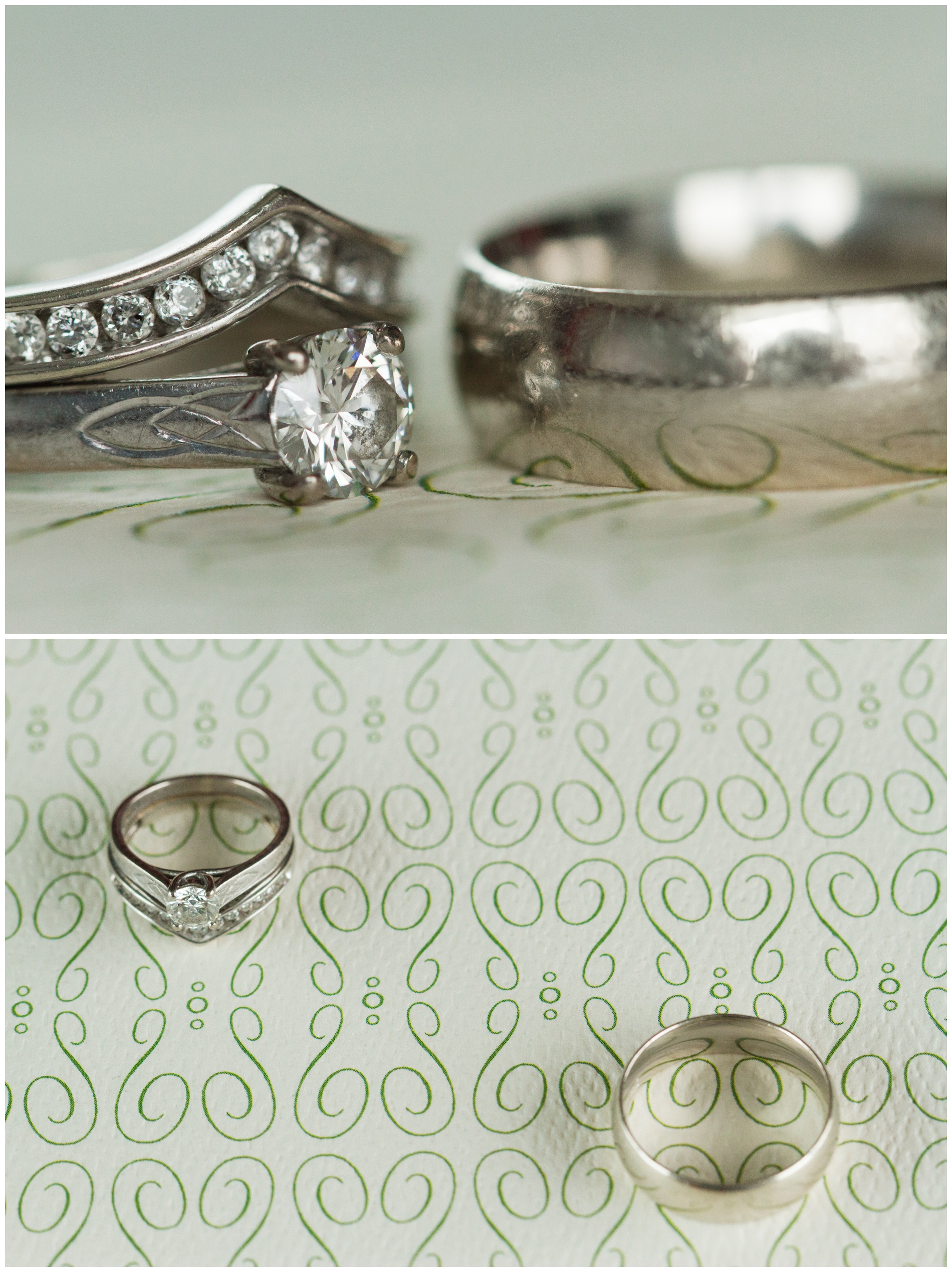 Two horizontal pictures of wedding rings on patterned wedding stationery