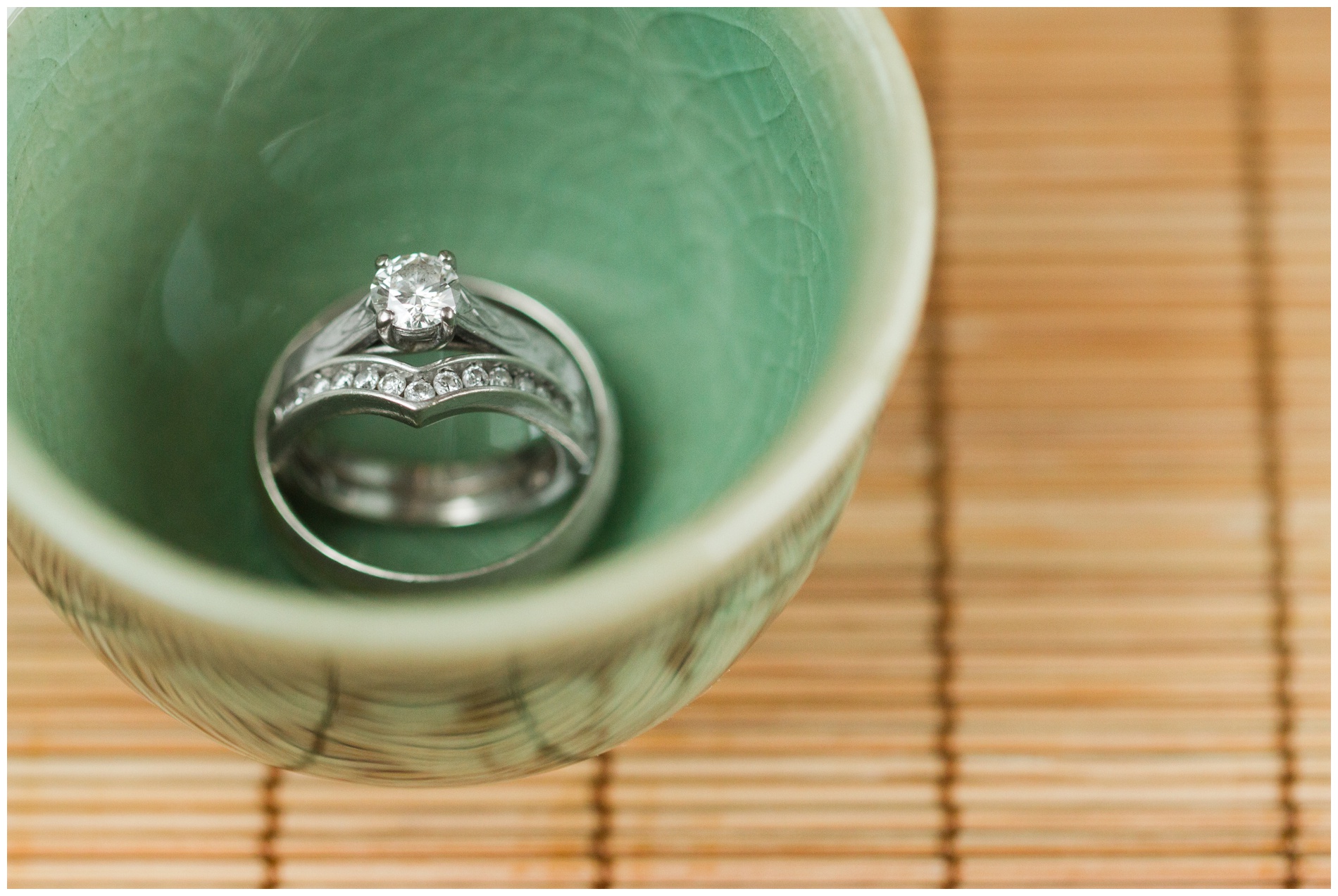 Wedding rings in a Korean celadon teacup