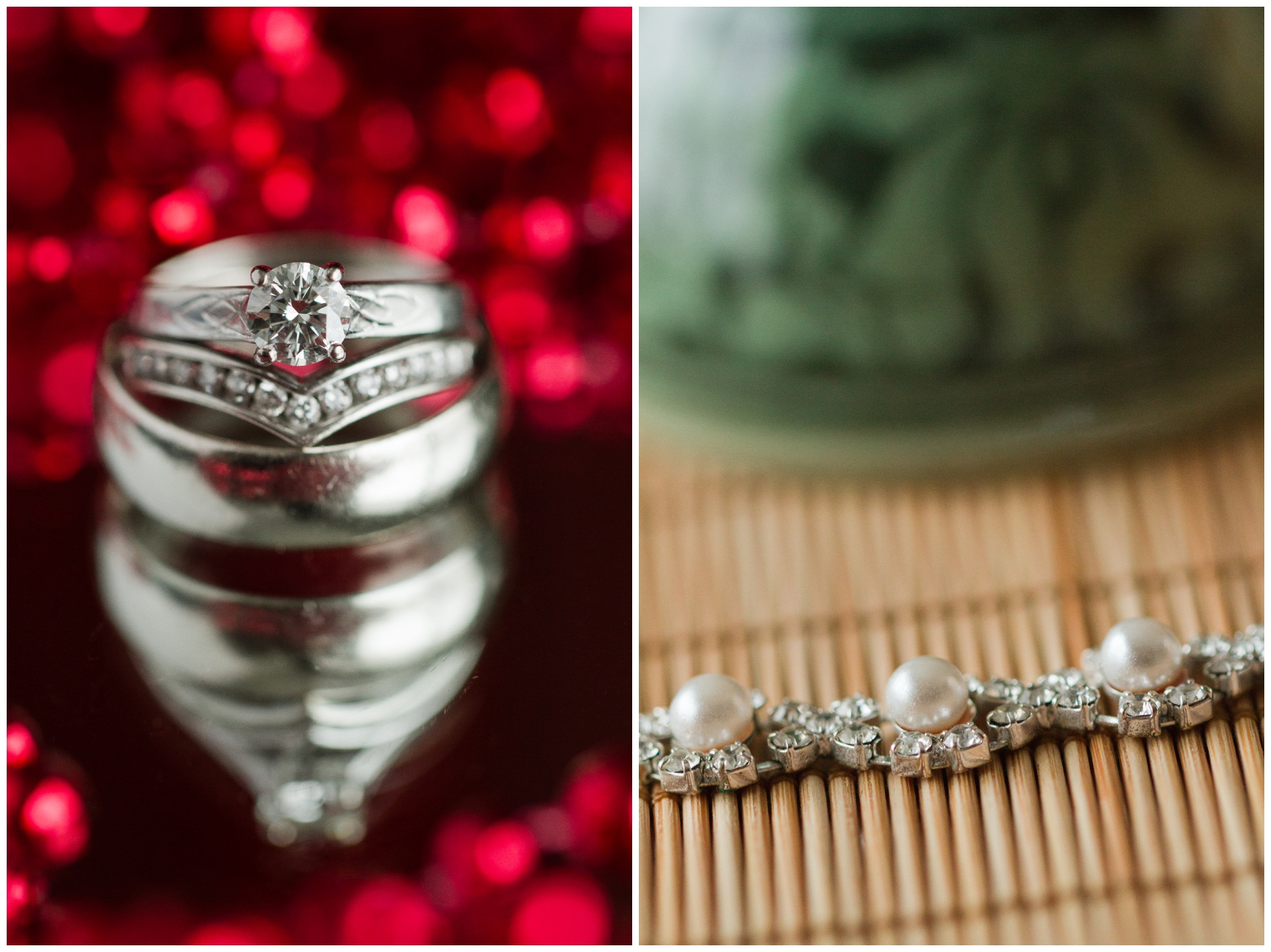 Rings on a mirror; pearl and diamond necklace with Korean celadon teapot in the background