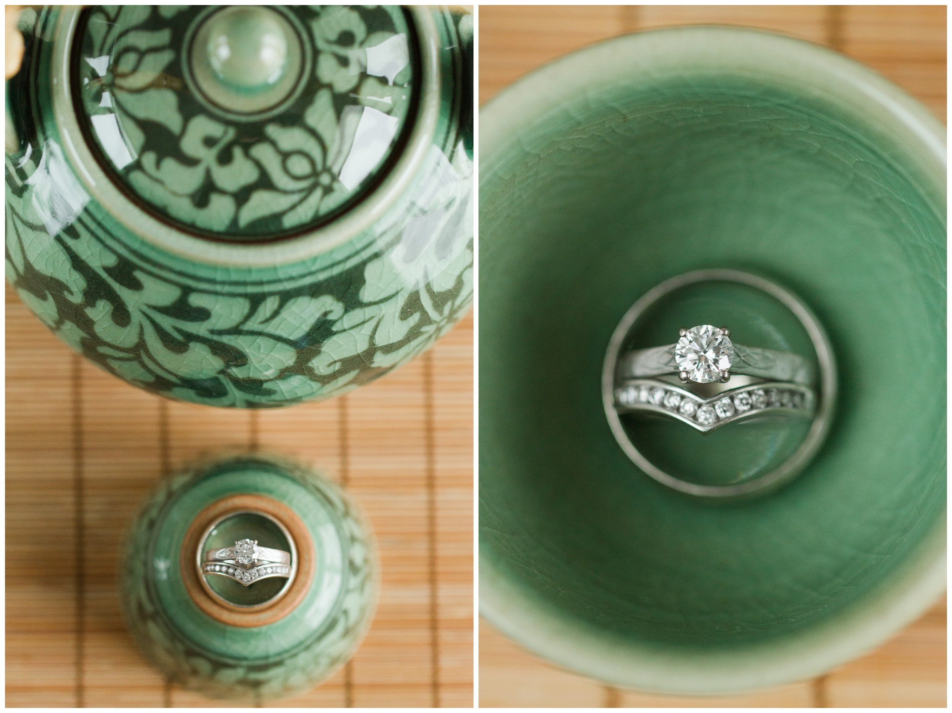 Wedding rings on a Korean celadon teacup with teapot beside them; rings inside the teacup