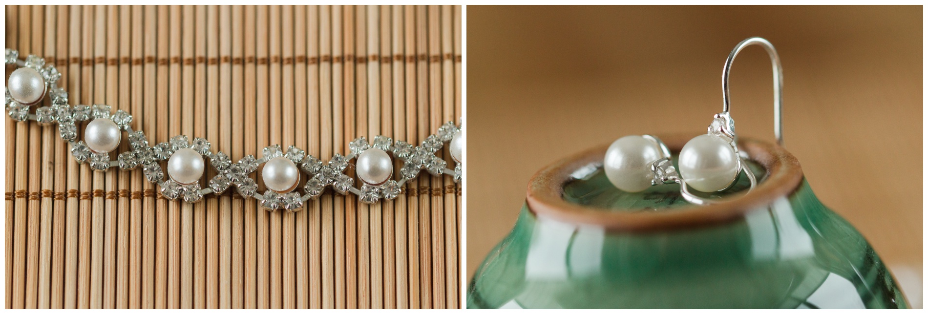 Pearl and diamond necklace on a bamboo mat; pearl earrings on a teacup