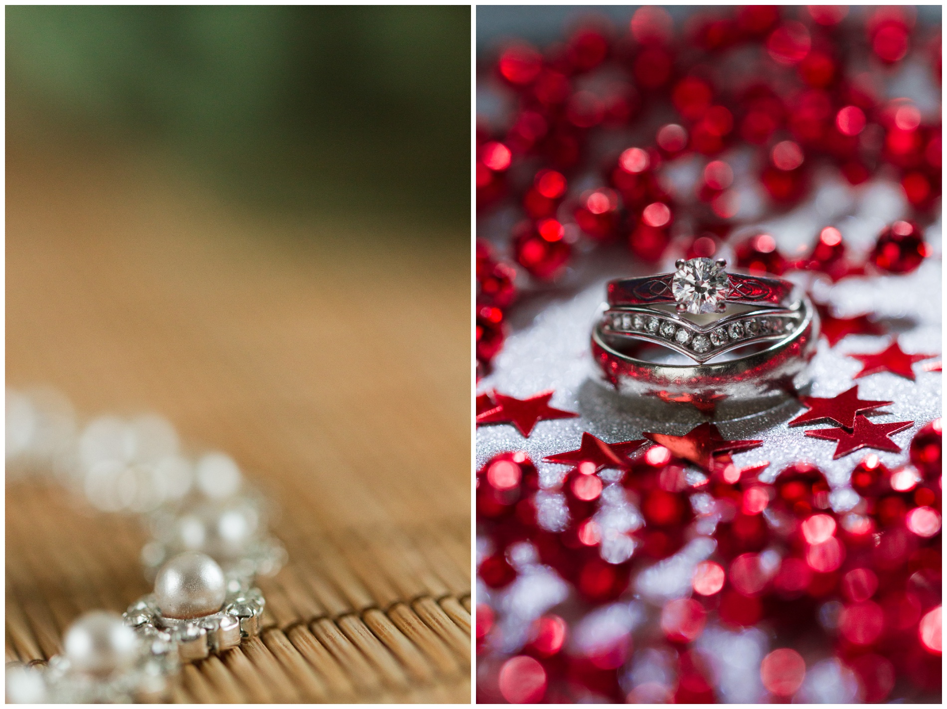 Pearl and diamond necklace with teapot in background; rings surrounded by red sparkly things