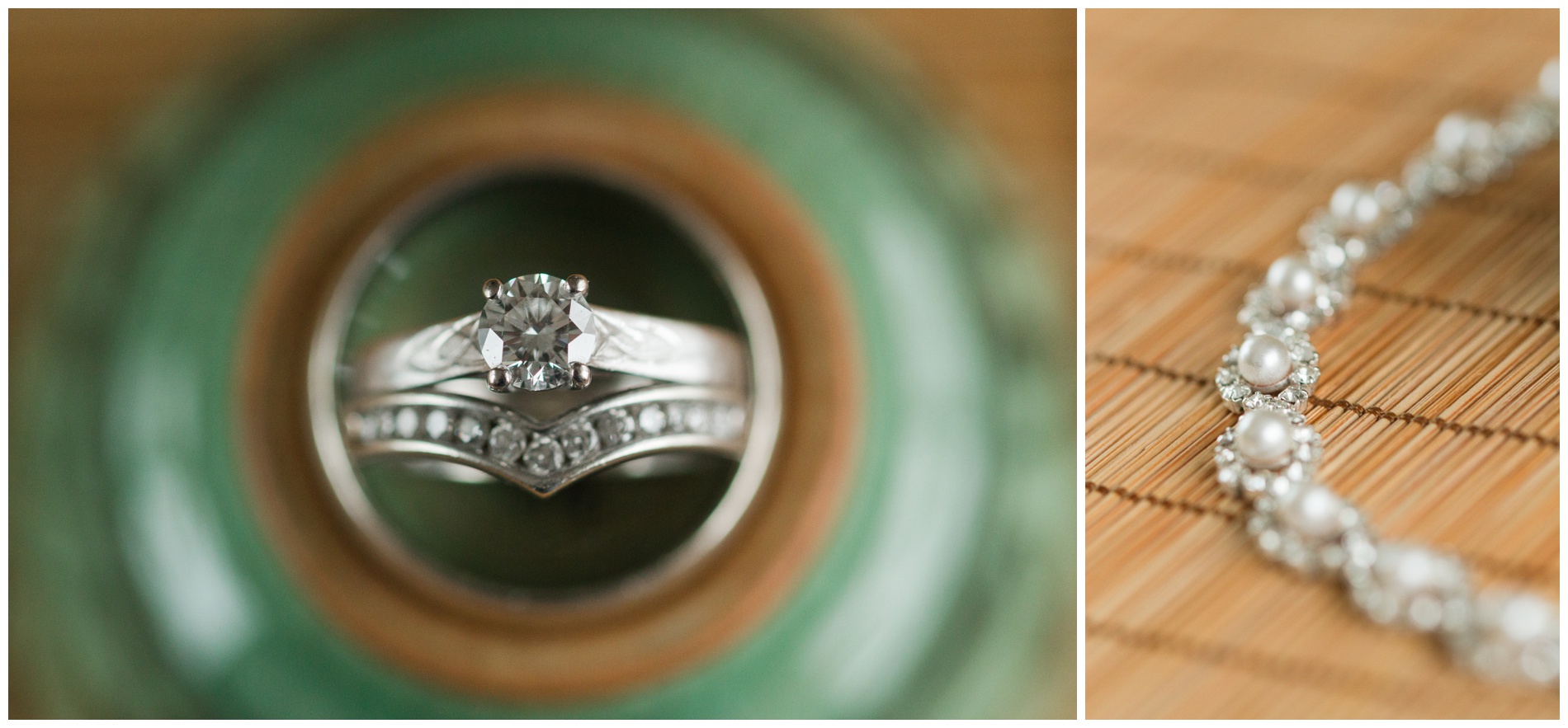 Wedding rings on an upside down Korean celadon teacup; diamond and pearl necklace on a bamboo mat