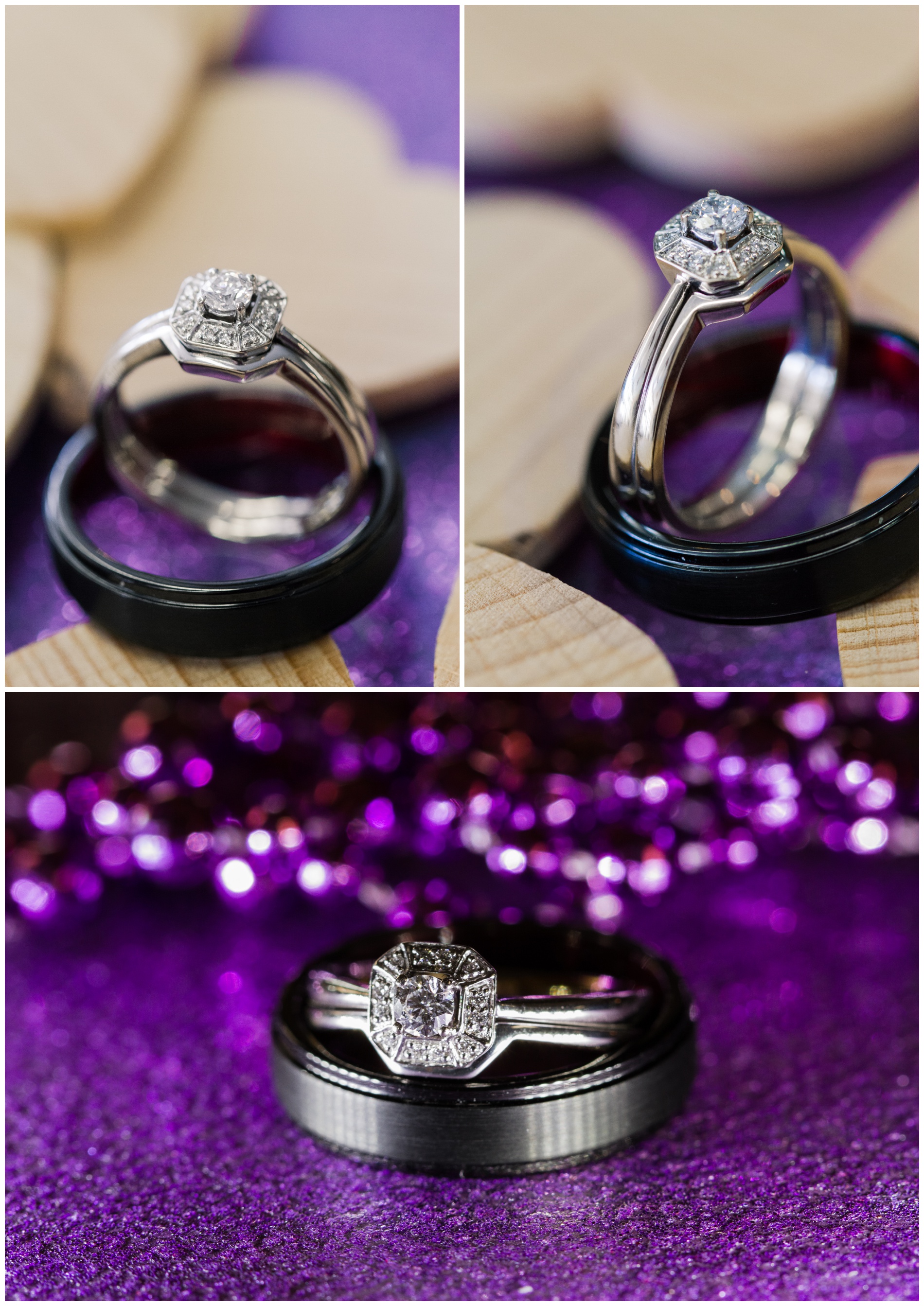 Three shots of wedding rings on a purple sparkly background, two including wooden hearts