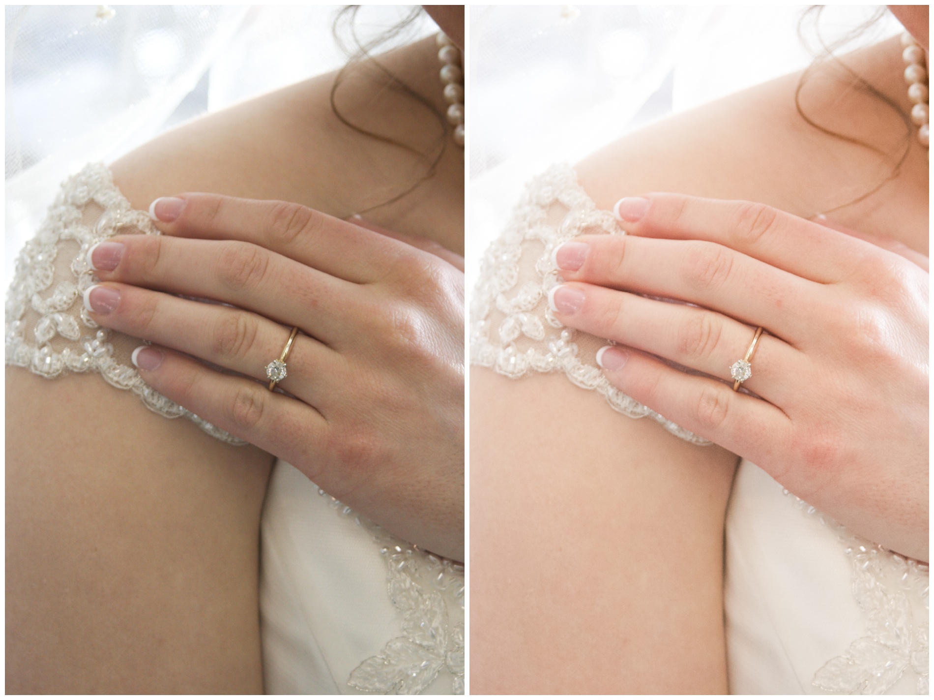 Close up shot of a bride's hand and engagement ring as she adjusts the sleeve of her wedding gown.