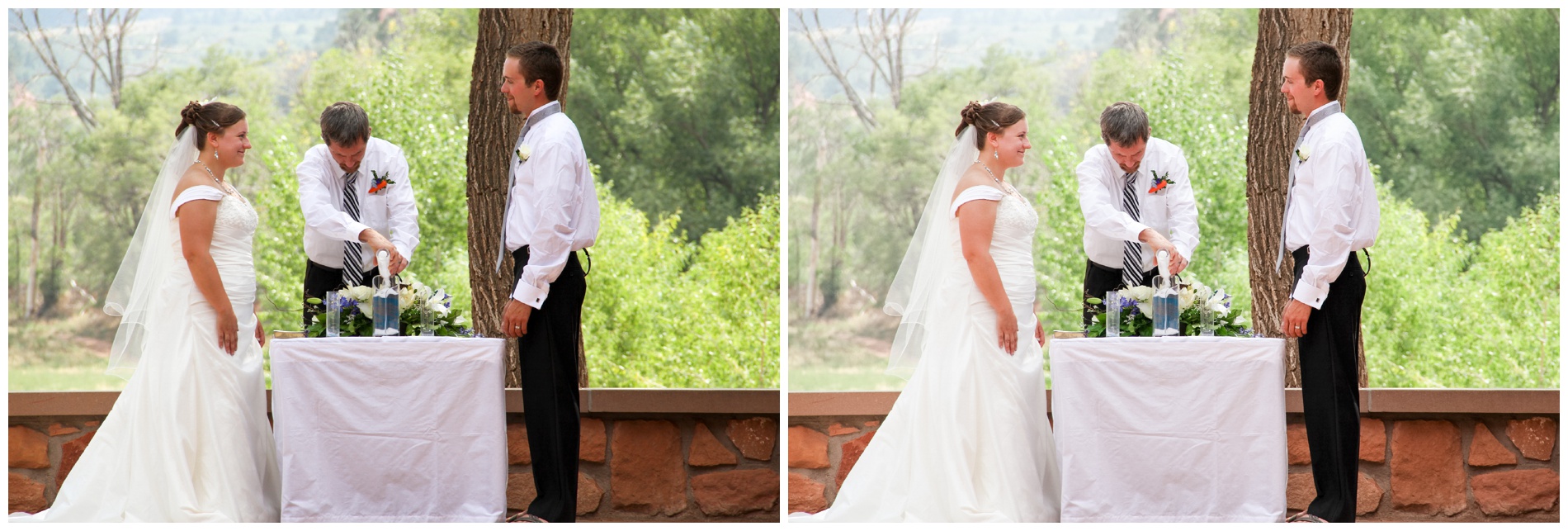 A bride and groom smile at each other during the sand pouring at their wedding ceremony.