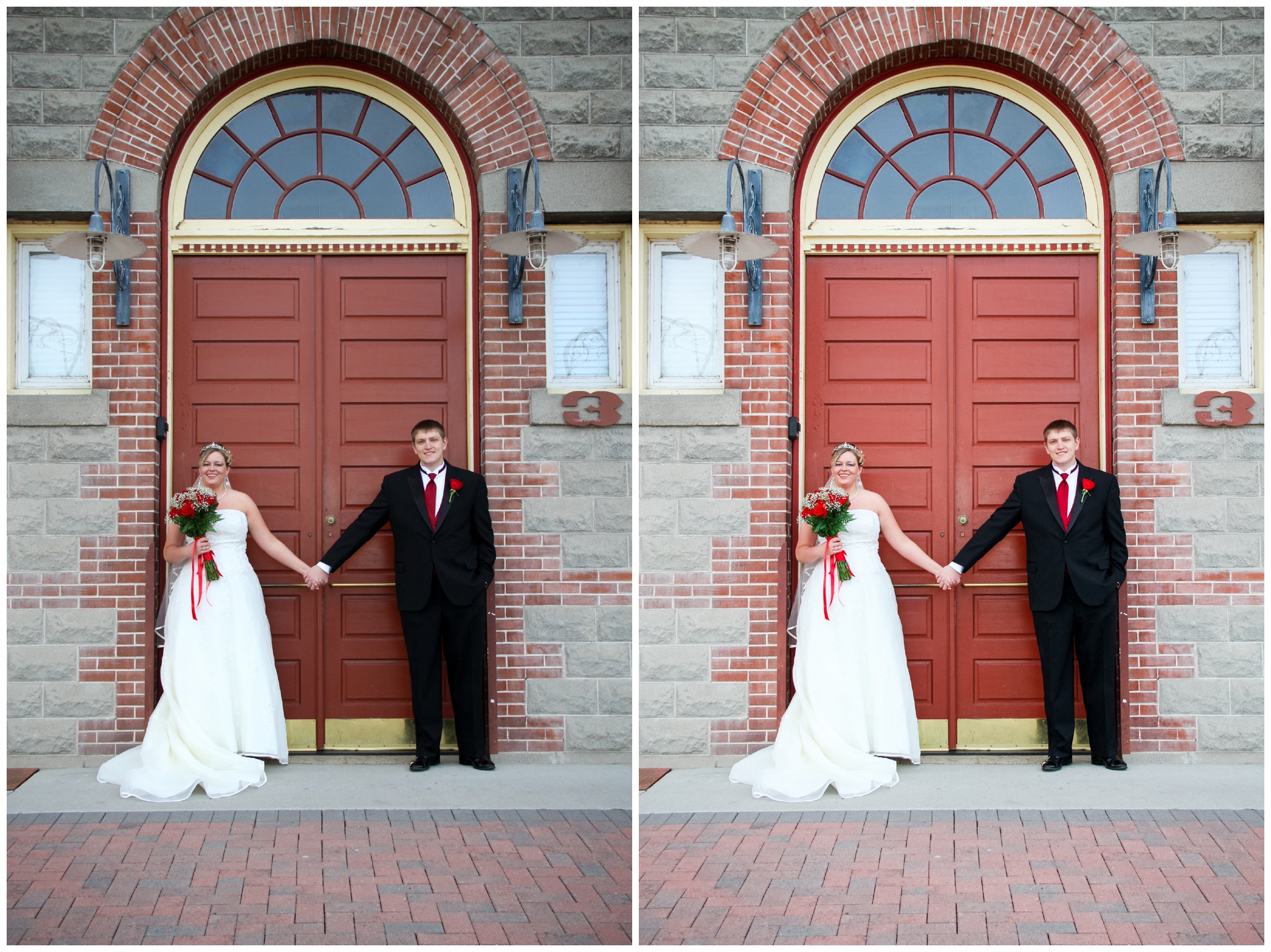 A bride and groom holding hands in front of the main entrance of the Ontario Train Depot.