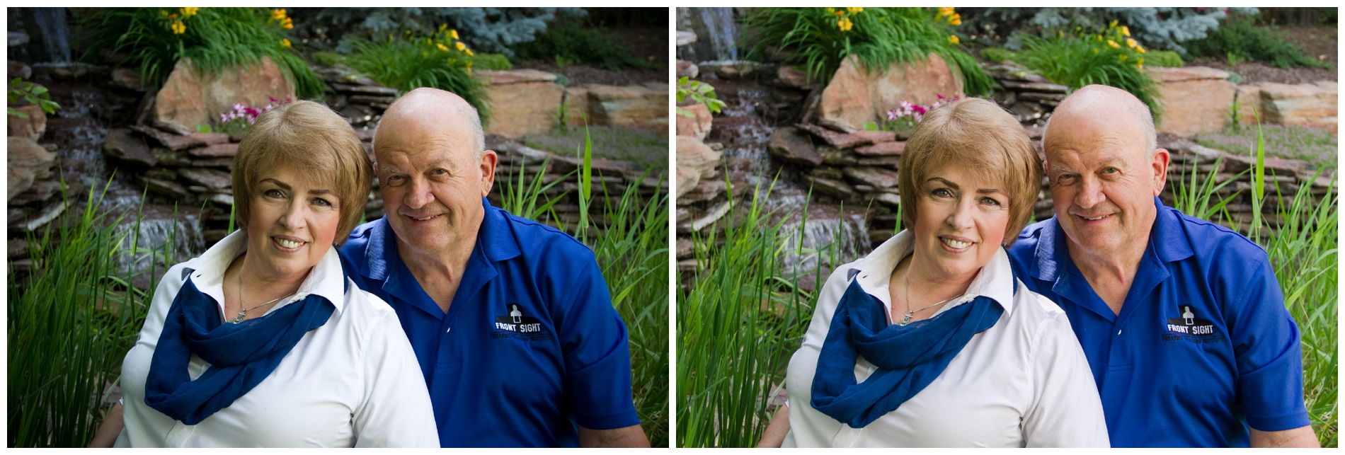 Photo of a couple sitting in front of garden waterfalls and plants.