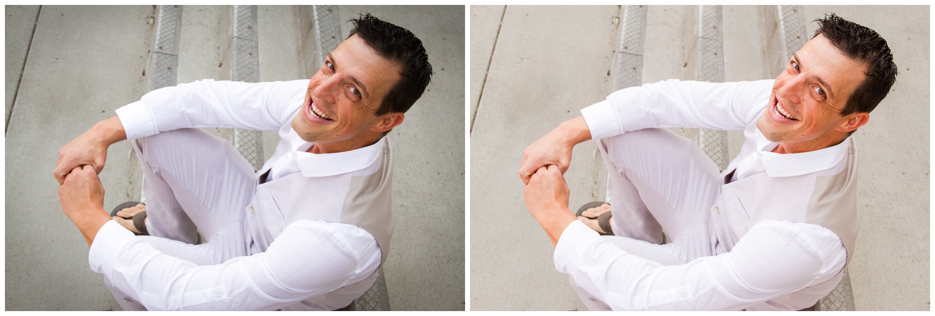 A groom sitting on cement steps.