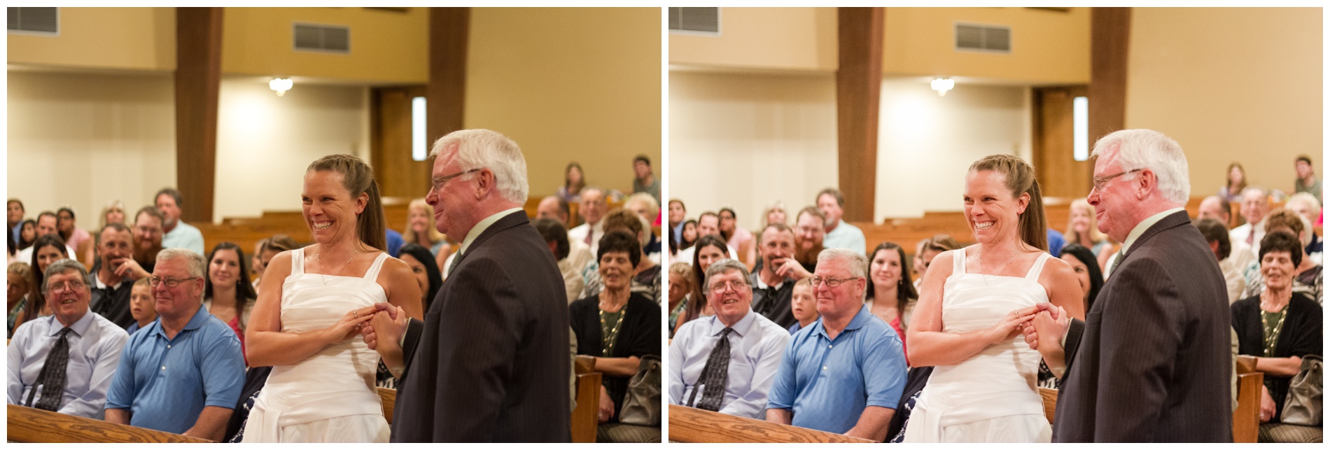 A bride and her father, laughing near the altar.