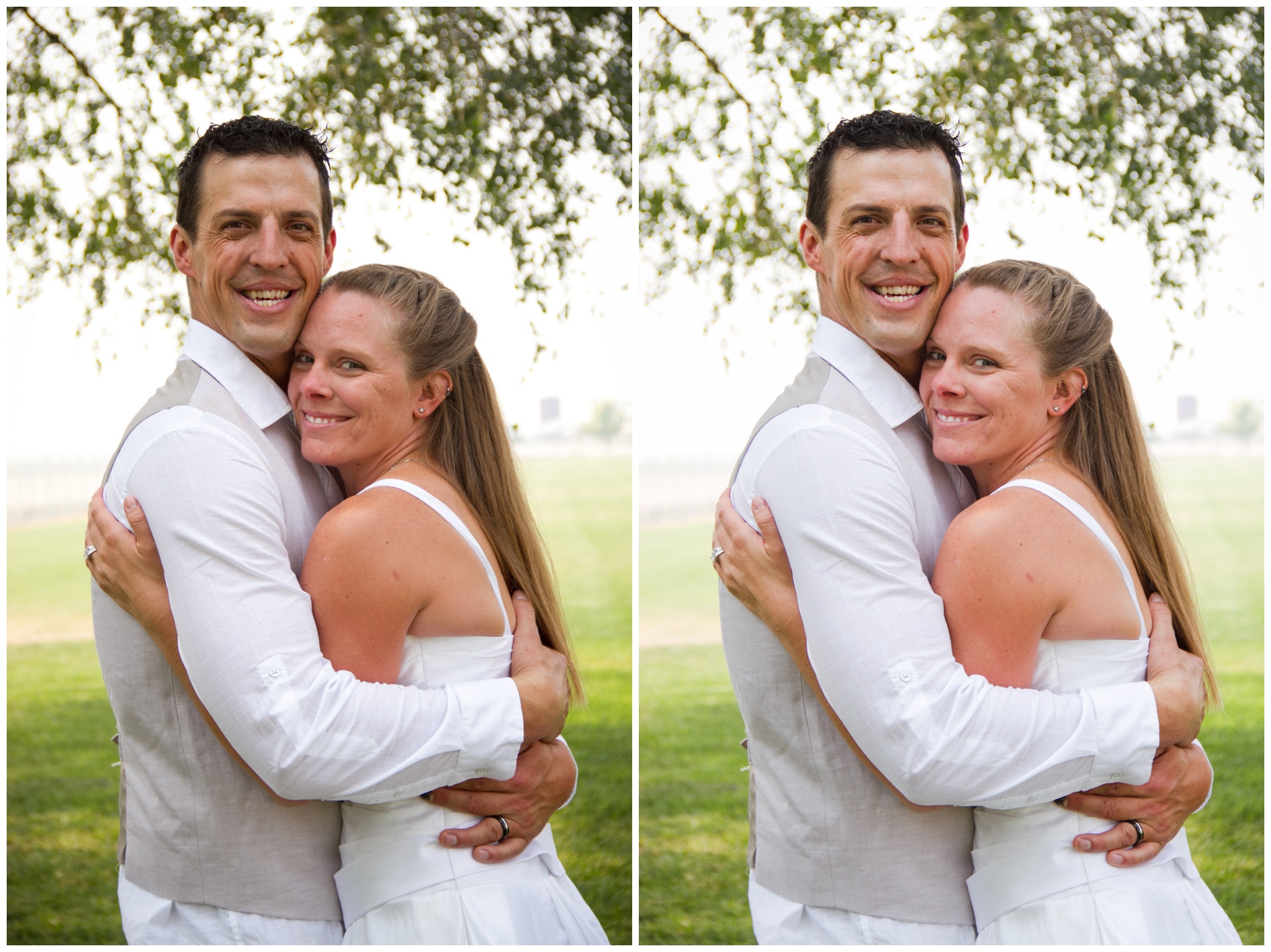 A bride and groom embracing outside under a tree.