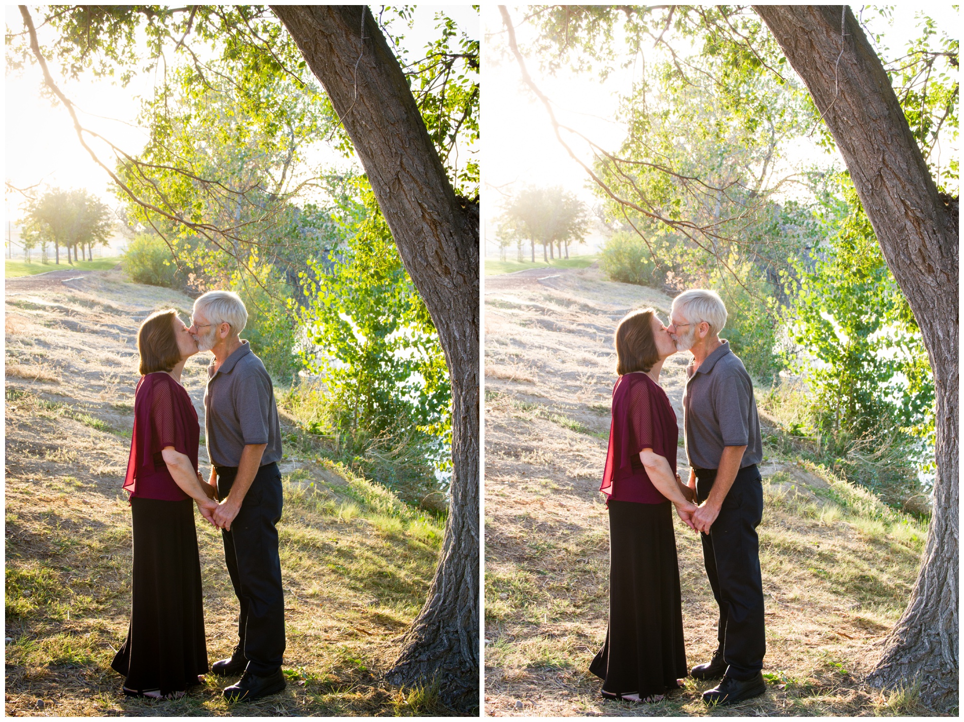 A couple kissing near the pond at Beck-Kiwanis Park.