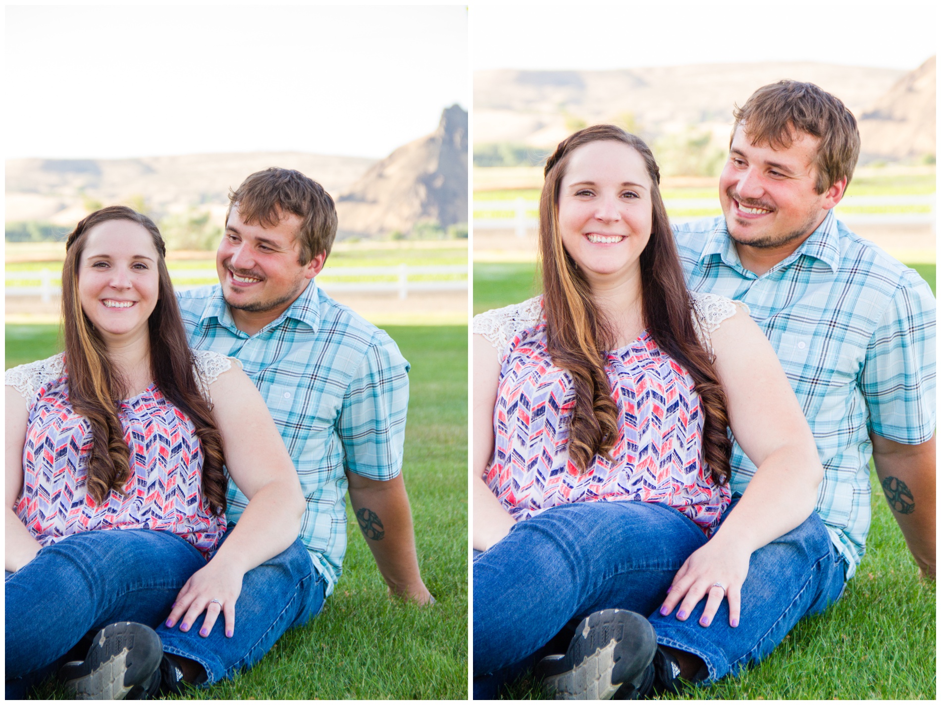 A couple sitting in the grass together with Malheur Butte in the background.