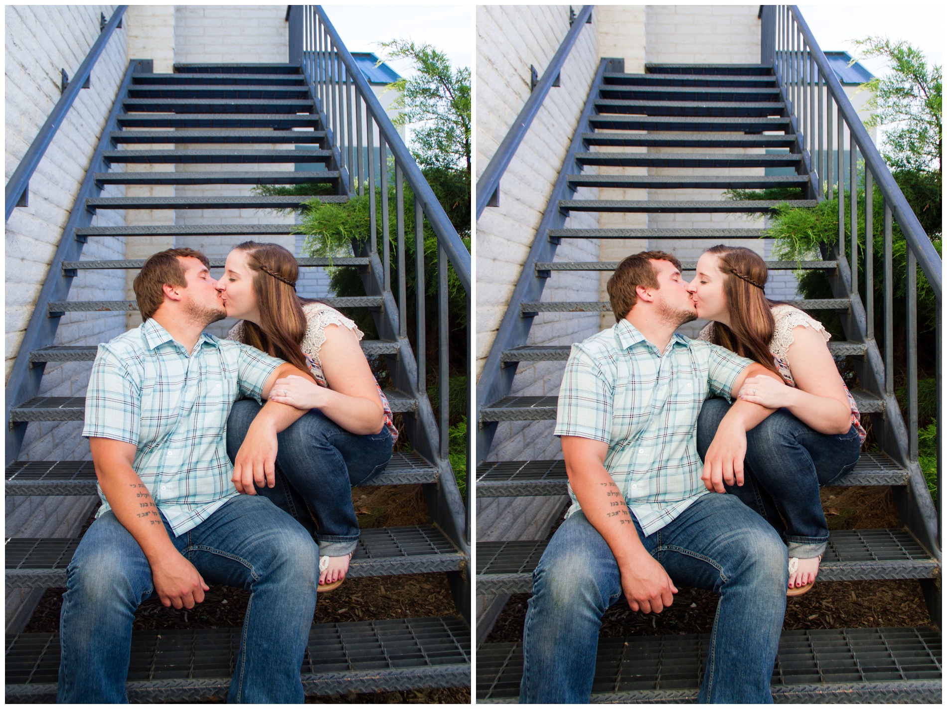 A couple sitting on metal stairs, kissing.