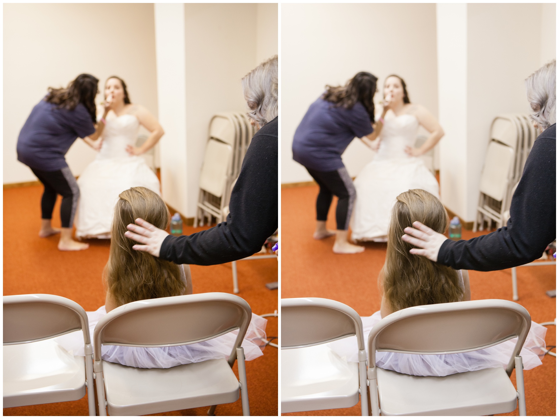 A flower girl watches a bride having her makeup applied.