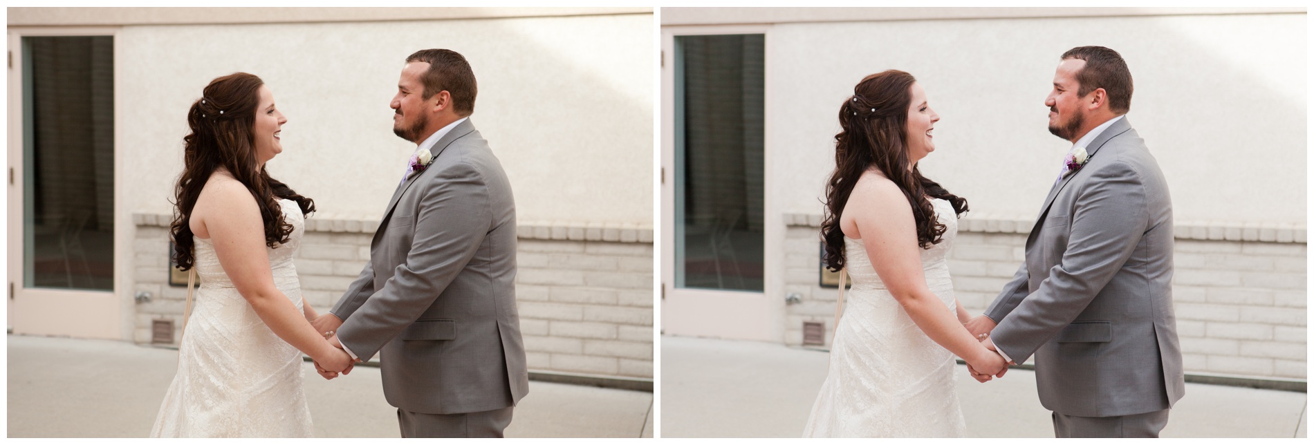 A bride and groom, seeing each other for the first time on their wedding day.